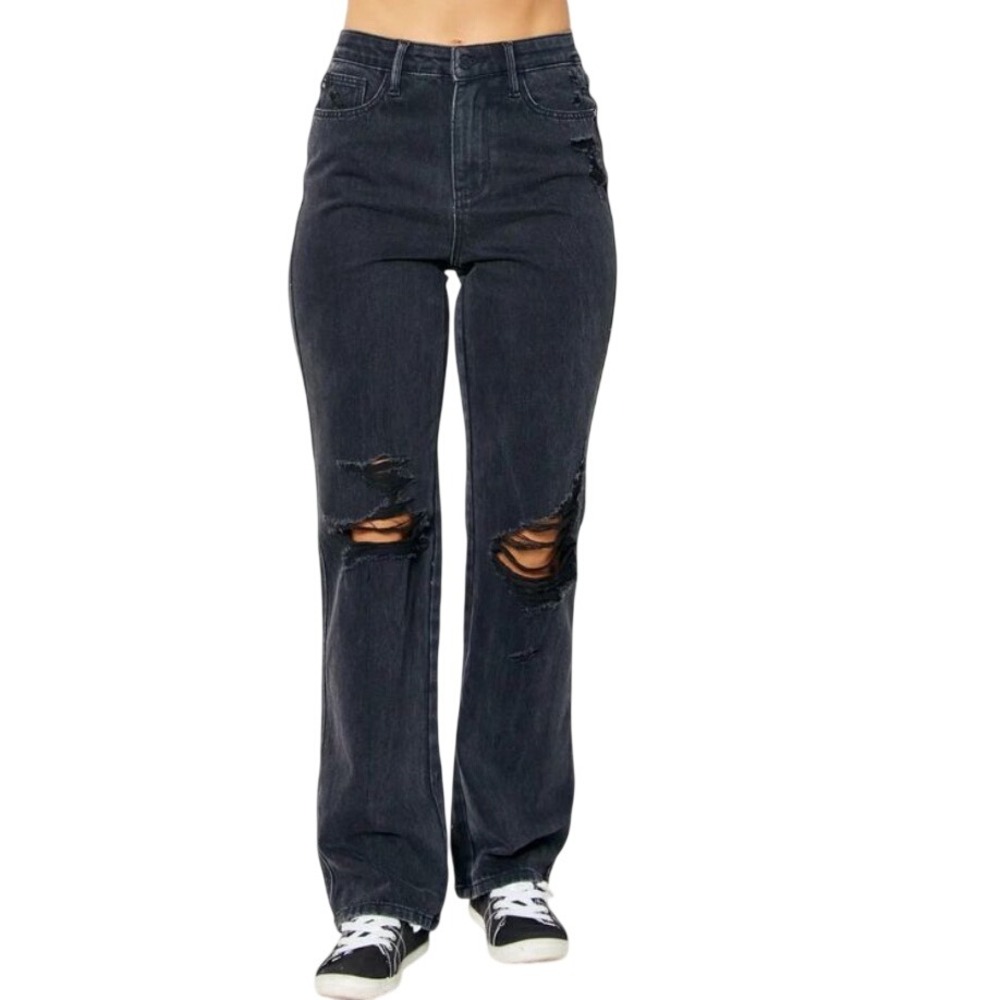 NEW Judy Blue 20W 90s Straight High Waist Distressed Magic Jeans Black JB88737